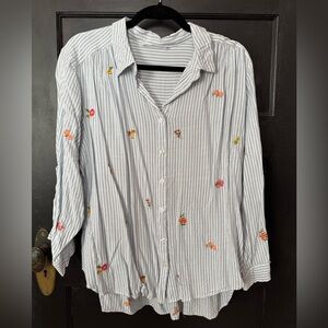 Jane and Delancey Blue Striped Button Down Shirt with Floral Embroidery